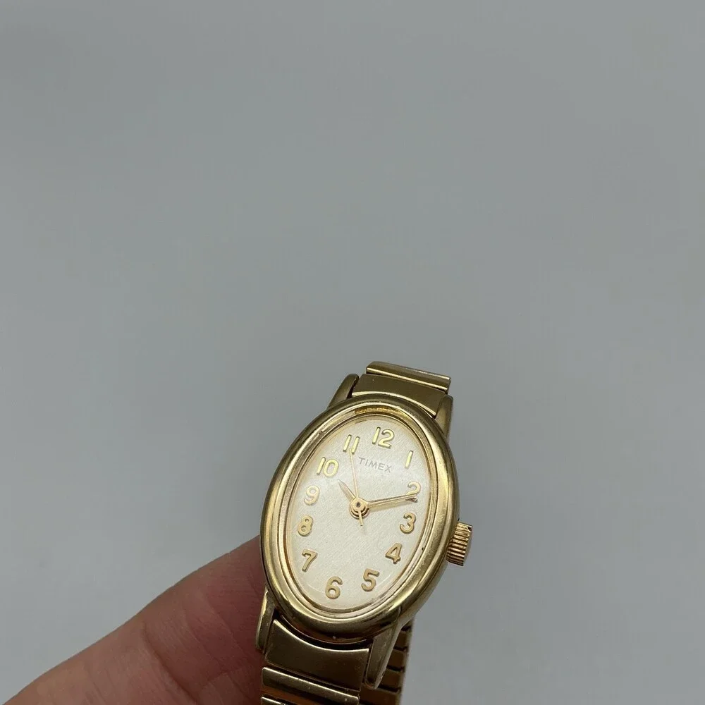 Timex Womens Watch 18mm Champagne Dial Gold Tone Oval Stretch Band New Battery